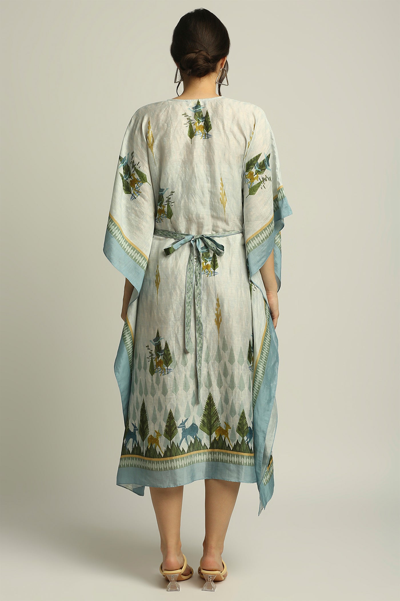 sougat paul Nature Collective printed kaftan with belt sage green fusion indian designer wear online shopping melange singapore