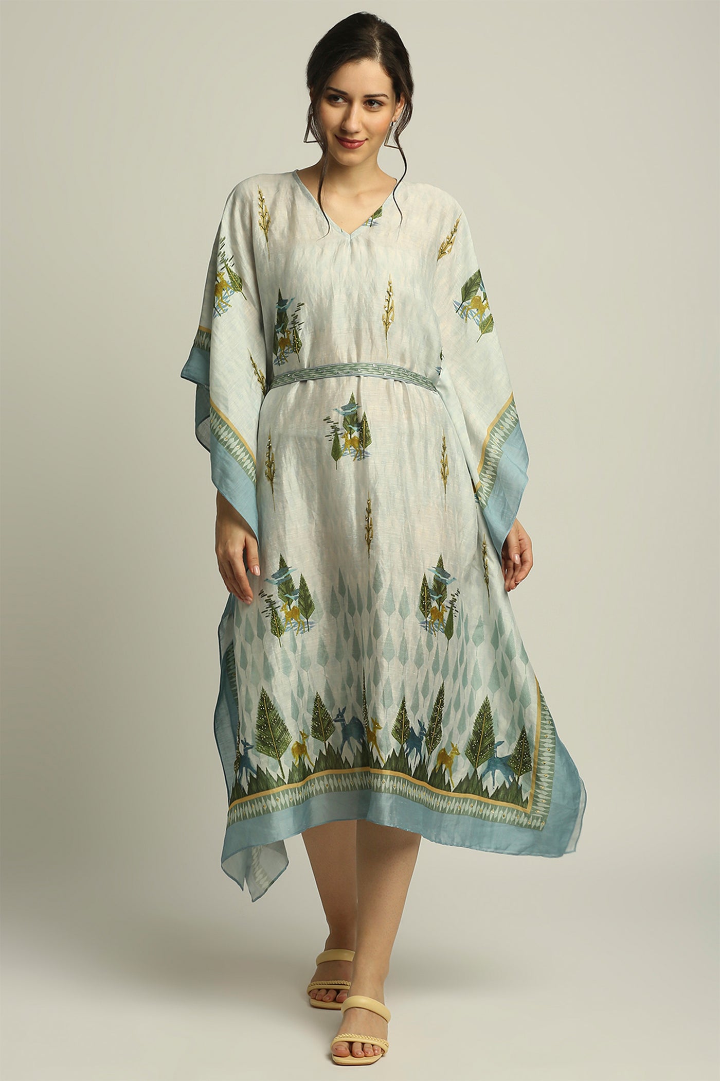 sougat paul Nature Collective printed kaftan with belt sage green fusion indian designer wear online shopping melange singapore