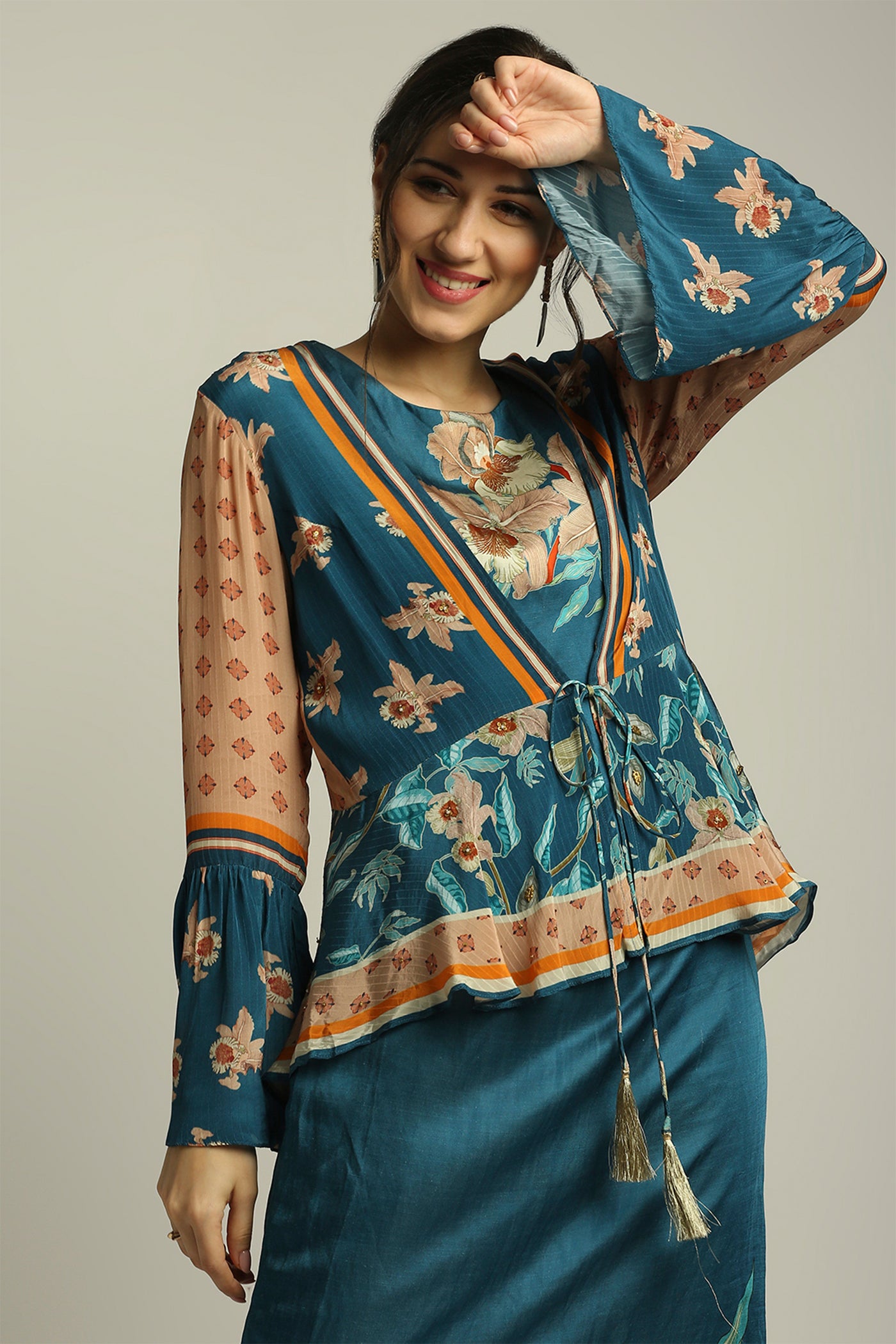 sougat paul Orchid bloom printed dress with peplum jacket peach teal blue fusion indian designer wear online shopping melange singapore