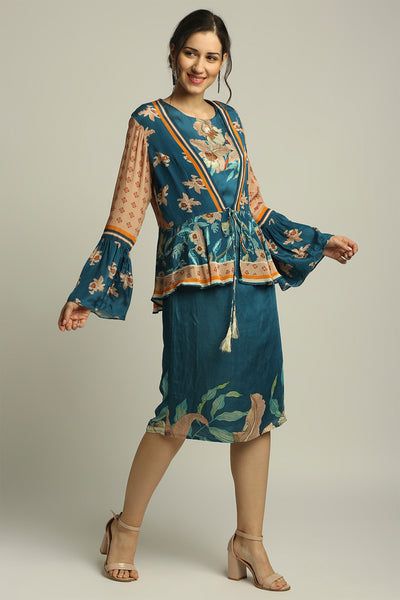 sougat paul Orchid bloom printed dress with peplum jacket peach teal blue fusion indian designer wear online shopping melange singapore