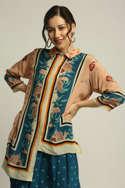 sougat paul Orchid bloom printed high-low shirt with pant peach teal blue fusion indian designer wear online shopping melange singapore
