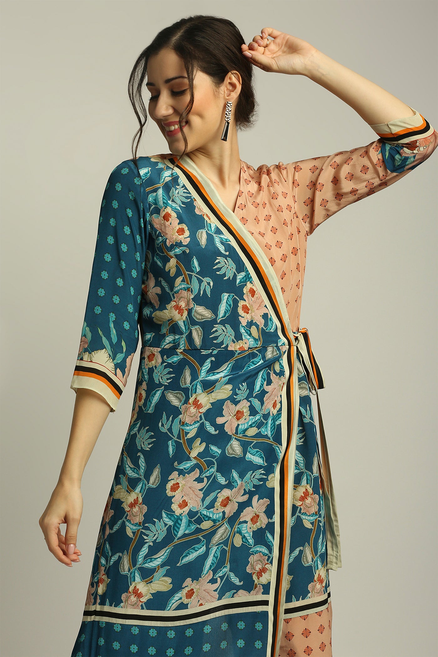sougat paul Orchid bloom printed paneled jumpsuit peach teal blue fusion indian designer wear online shopping melange singapore