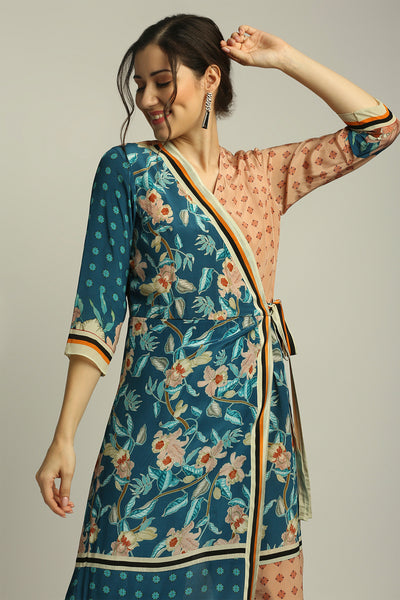 sougat paul Orchid bloom printed paneled jumpsuit peach teal blue fusion indian designer wear online shopping melange singapore