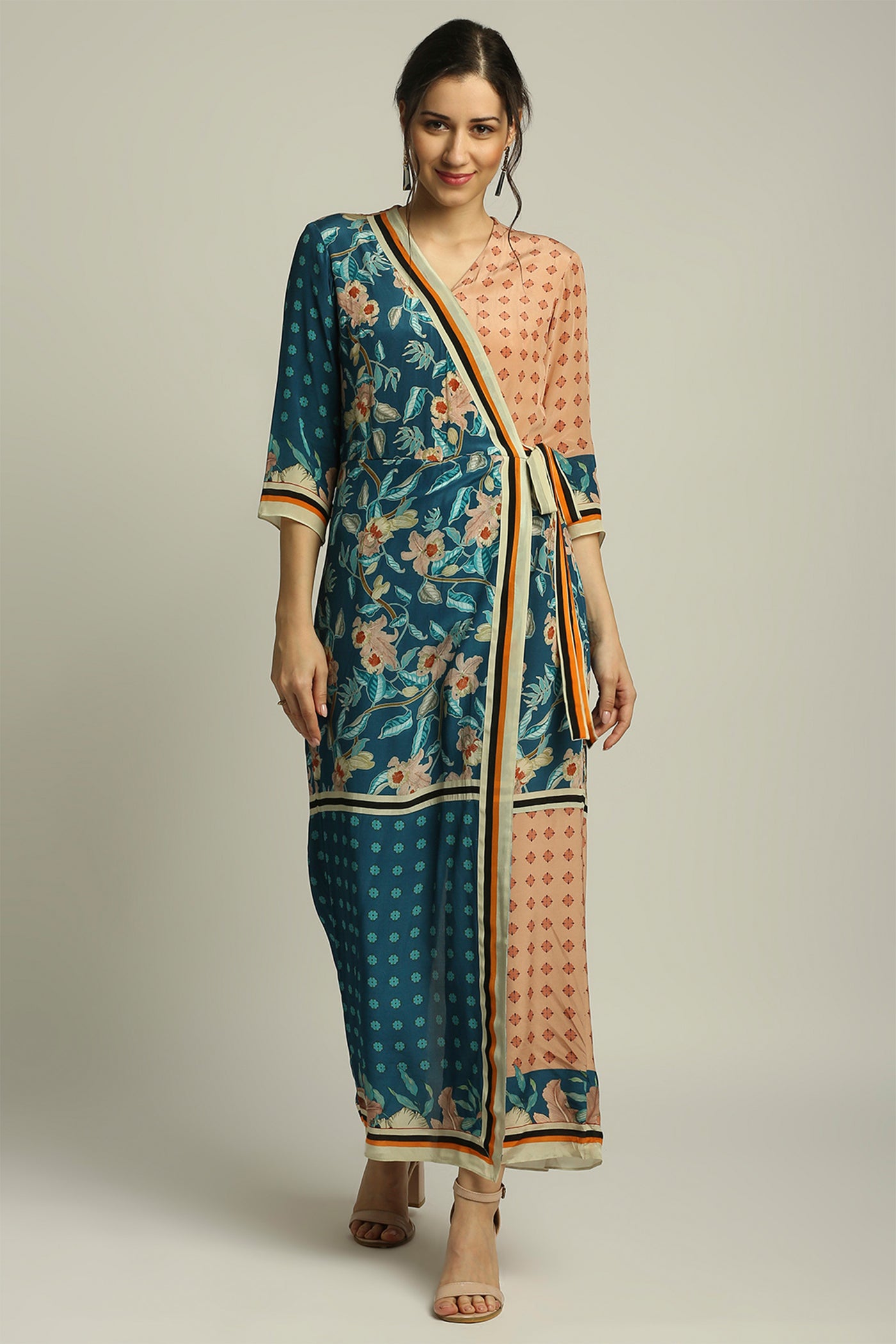 sougat paul Orchid bloom printed paneled jumpsuit peach teal blue fusion indian designer wear online shopping melange singapore