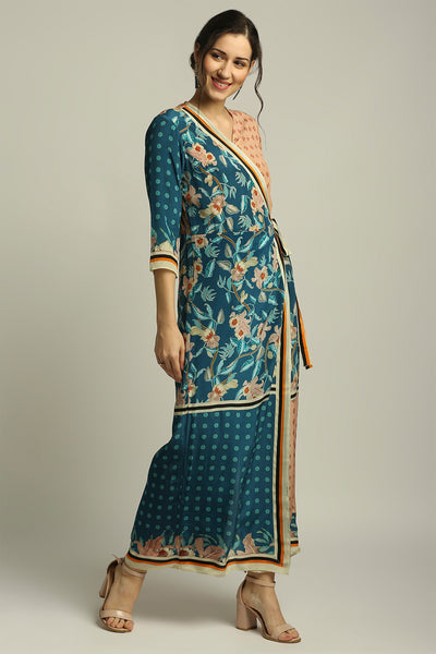 sougat paul Orchid bloom printed paneled jumpsuit peach teal blue fusion indian designer wear online shopping melange singapore