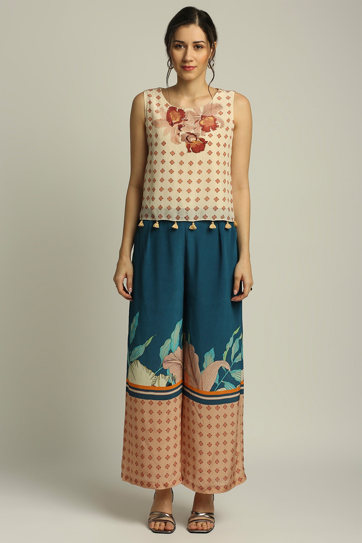 sougat paul Orchid bloom printed pant set with cape peach and teal blue fusion indian designer wear online shopping melange singapore