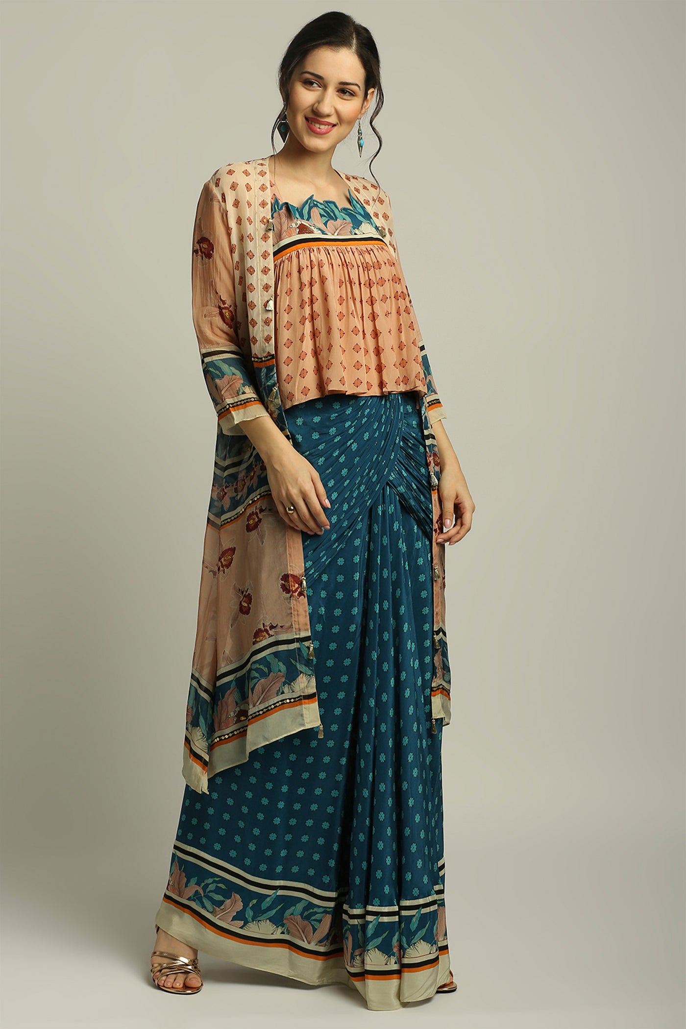 sougat paul Orchid bloom printed skirt set with jacket teal blue and peach fusion indian designer wear online shopping melange singapore