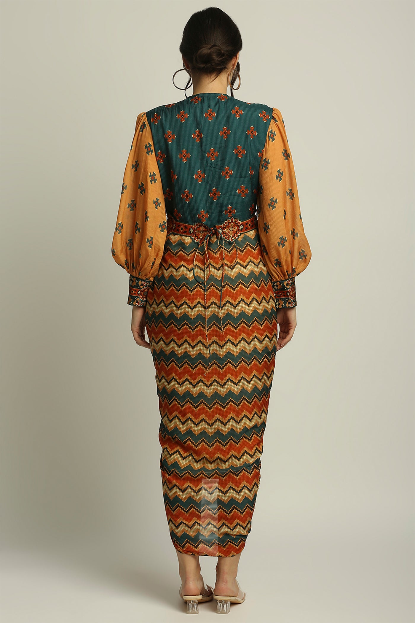 sougat paul Tiraz printed drape dress with belt orange green fusion indian designer wear online shopping melange singapore