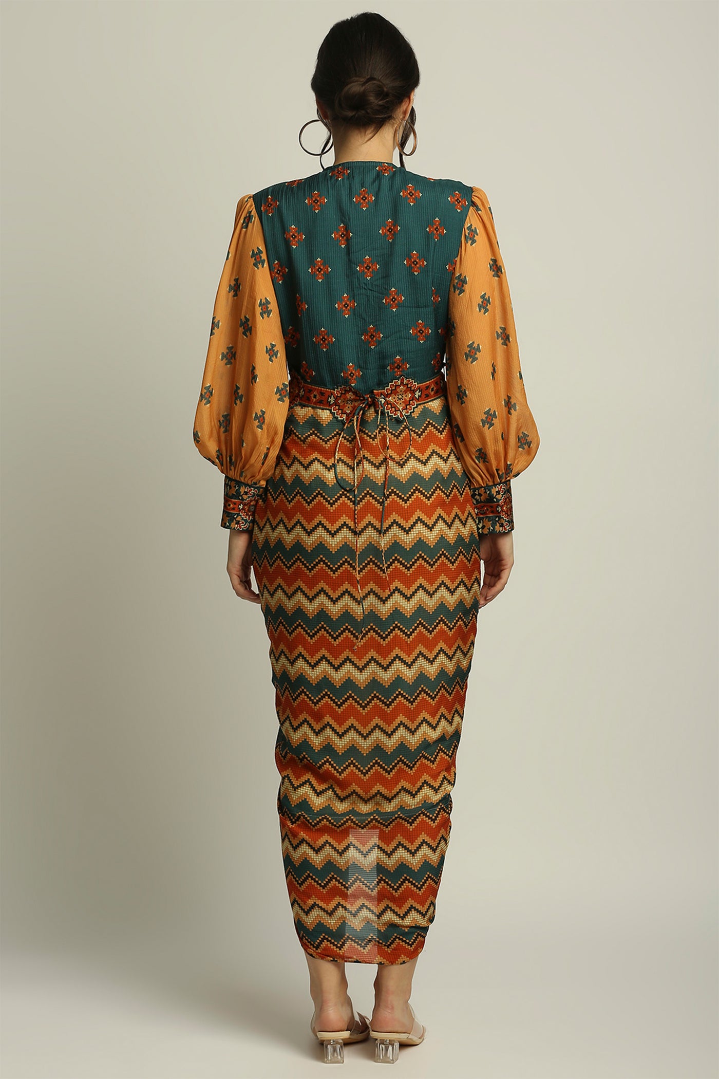 sougat paul Tiraz printed drape dress with belt orange green fusion indian designer wear online shopping melange singapore