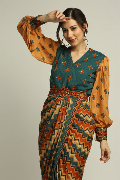 sougat paul Tiraz printed drape dress with belt orange green fusion indian designer wear online shopping melange singapore
