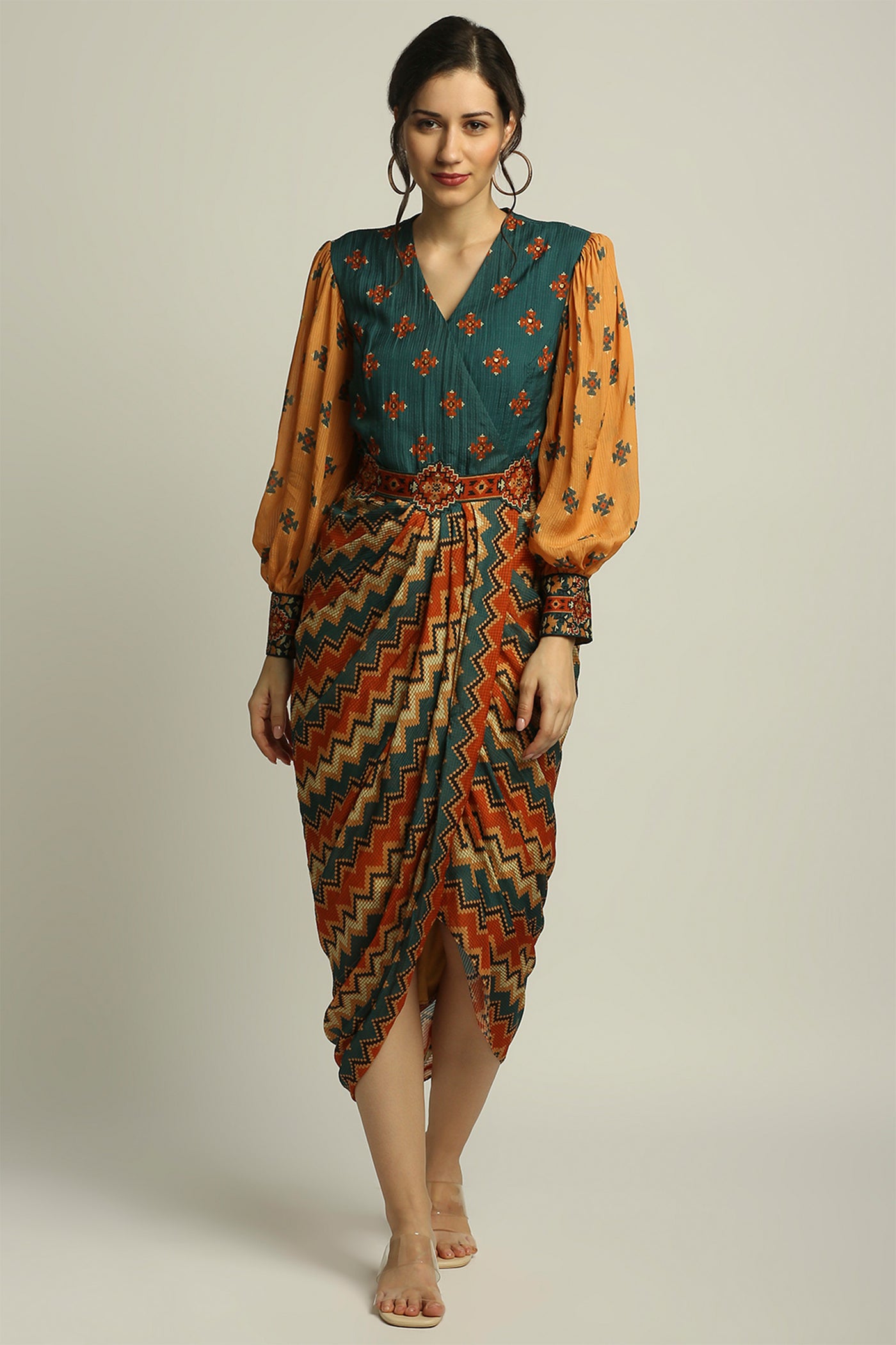 sougat paul Tiraz printed drape dress with belt orange green fusion indian designer wear online shopping melange singapore