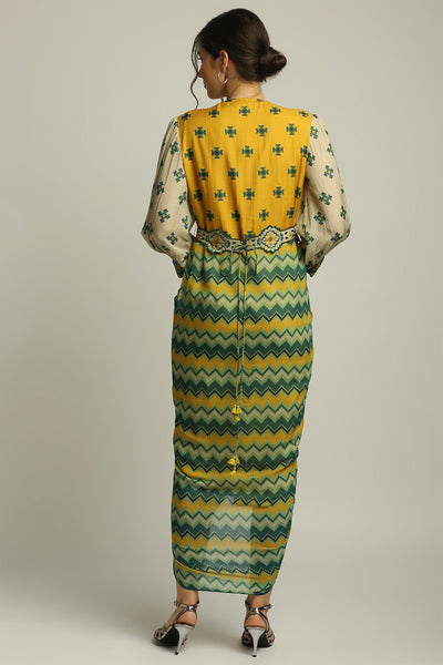 sougat paul Tiraz Printed Drape Dress With Belt yellow fusion indian designer wear online shopping melange singapore