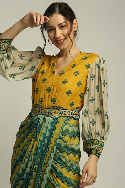 sougat paul Tiraz Printed Drape Dress With Belt yellow fusion indian designer wear online shopping melange singapore