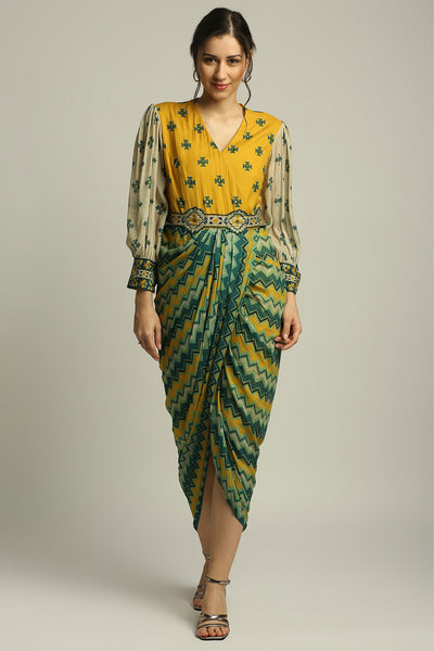 sougat paul Tiraz Printed Drape Dress With Belt yellow fusion indian designer wear online shopping melange singapore