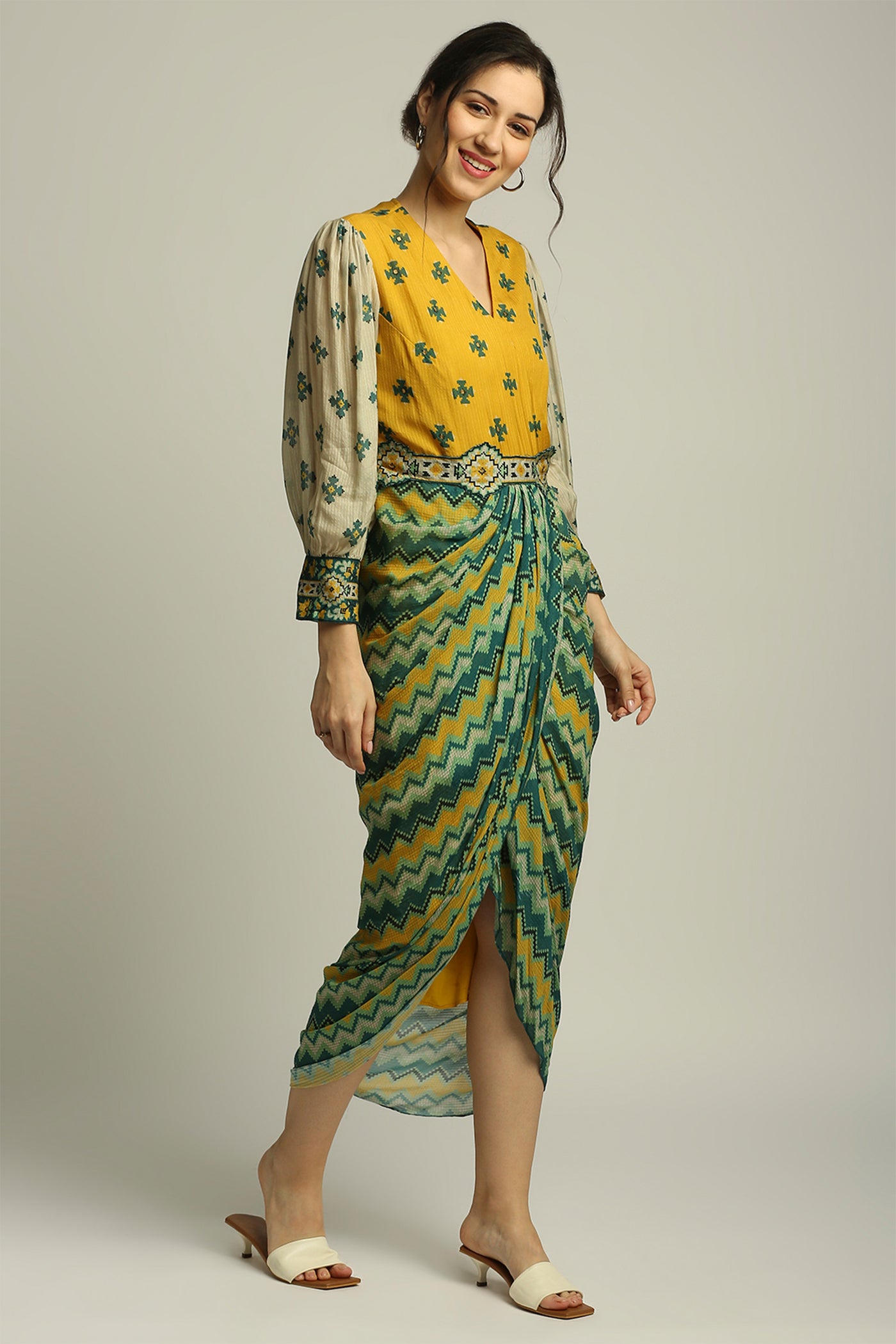 sougat paul Tiraz Printed Drape Dress With Belt yellow fusion indian designer wear online shopping melange singapore
