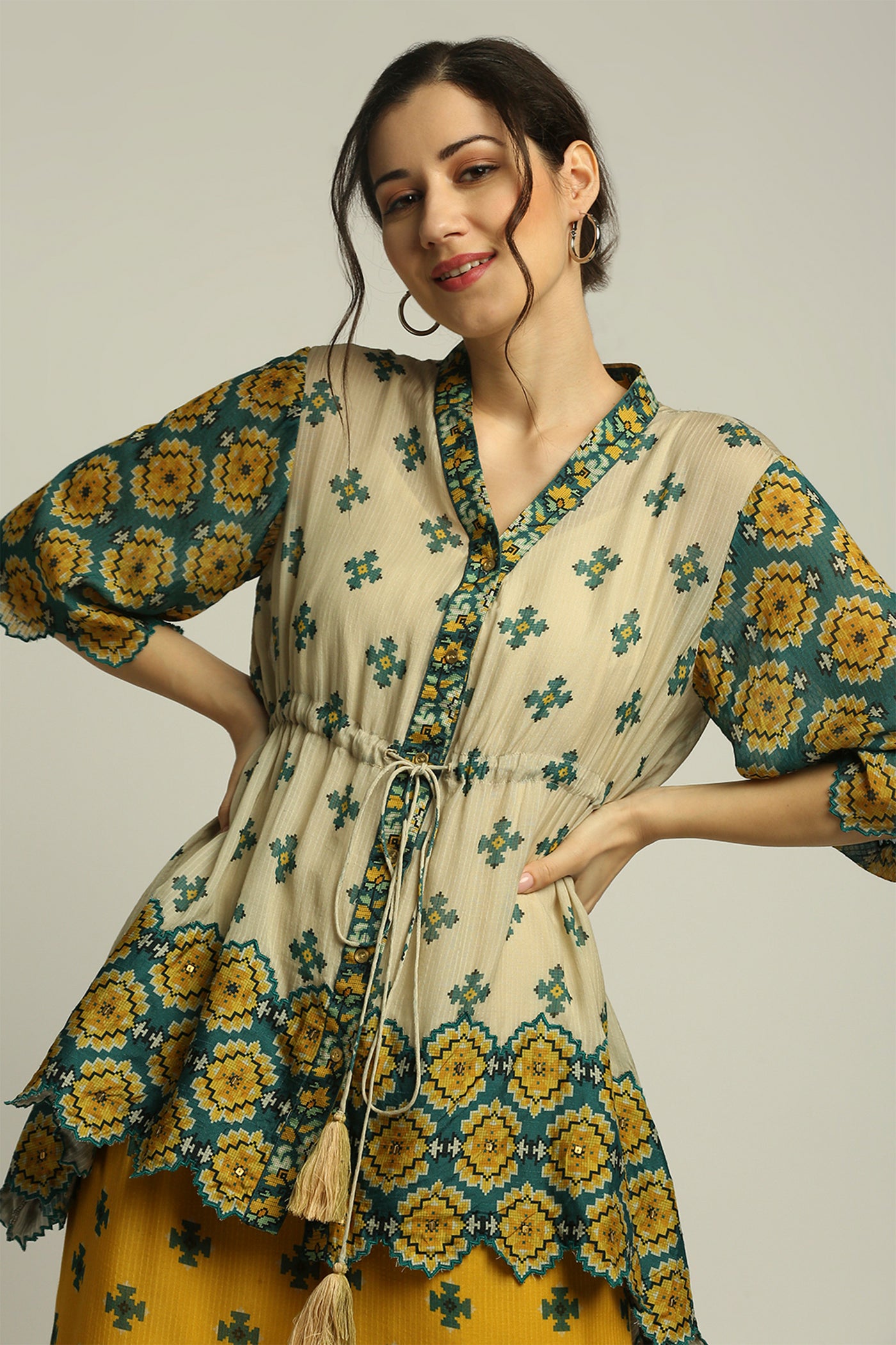 sougat paul Tiraz printed embellished top with pant beige yellow fusion indian designer wear online shopping melange singapore
