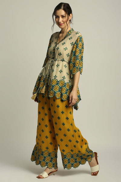 sougat paul Tiraz printed embellished top with pant beige yellow fusion indian designer wear online shopping melange singapore