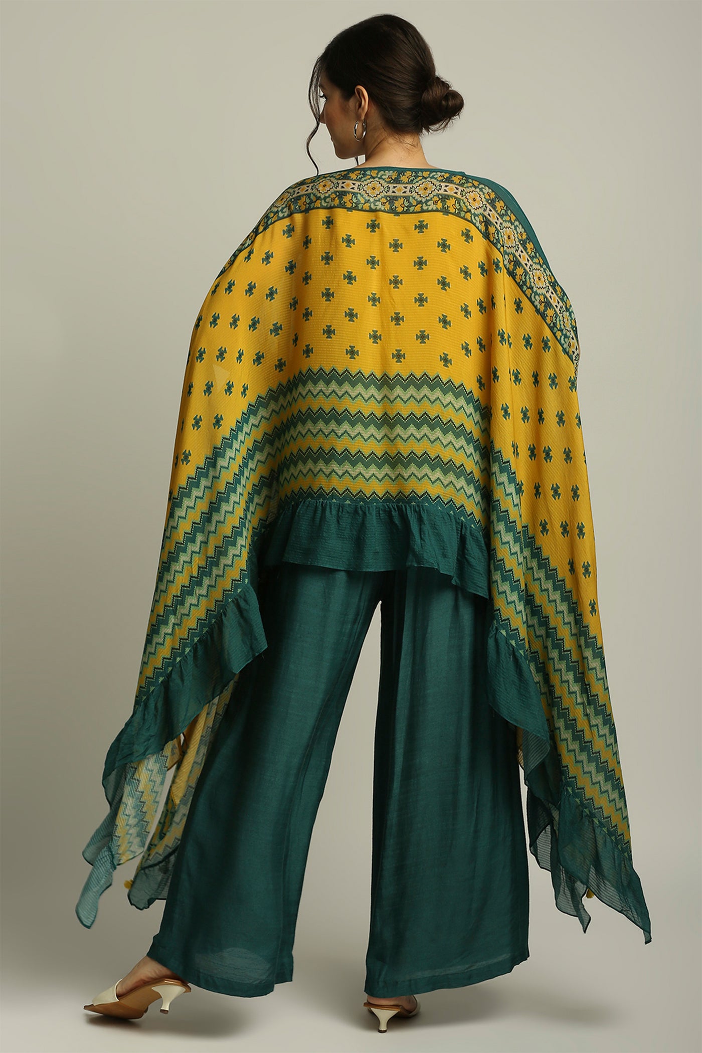 sougat paul Tiraz rinted embellished top with pant yellow green fusion indian designer wear online shopping melange singapore