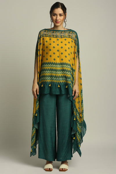 sougat paul Tiraz rinted embellished top with pant yellow green fusion indian designer wear online shopping melange singapore