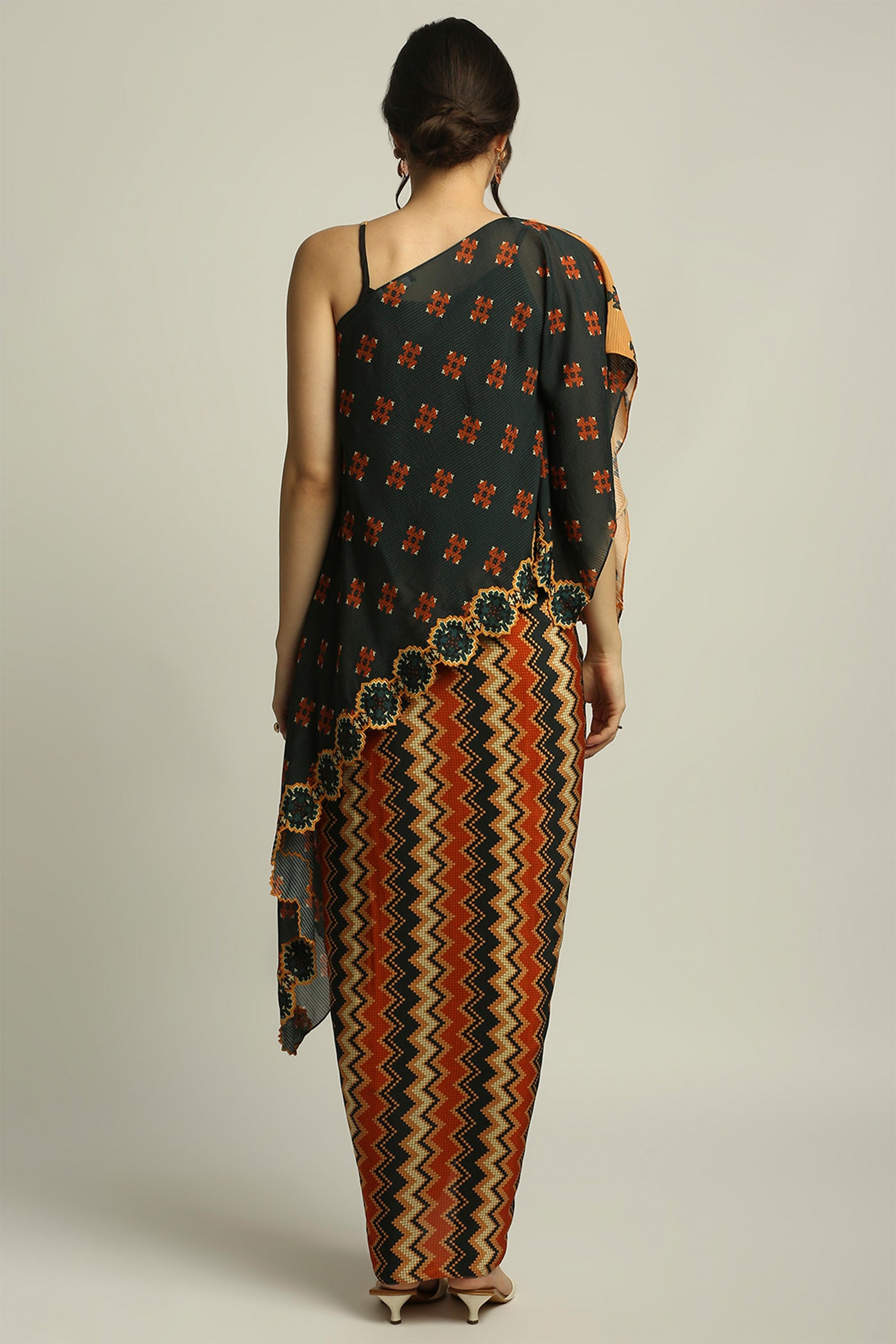 sougat paul Tiraz Printed One Shoulder Top With Drape Skirt orange black fusion indian designer wear online shopping melange singapore