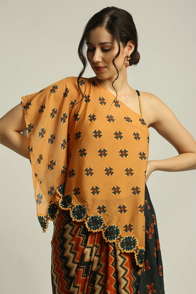 sougat paul Tiraz Printed One Shoulder Top With Drape Skirt orange black fusion indian designer wear online shopping melange singapore