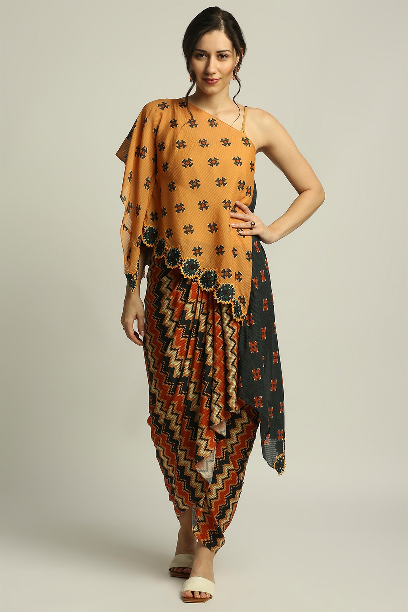 sougat paul Tiraz Printed One Shoulder Top With Drape Skirt orange black fusion indian designer wear online shopping melange singapore