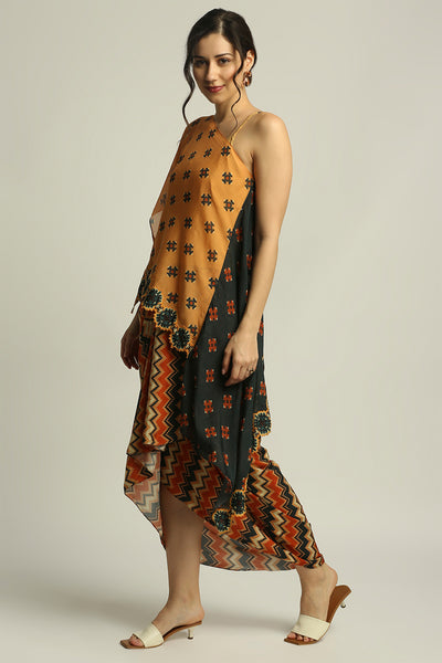 sougat paul Tiraz Printed One Shoulder Top With Drape Skirt orange black fusion indian designer wear online shopping melange singapore