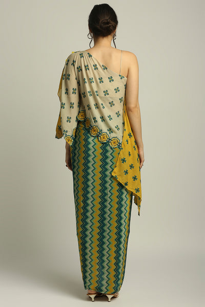sougat paul Tiraz Printed One Shoulder Top With Drape Skirt yellow green fusion indian designer wear online shopping melange singapore