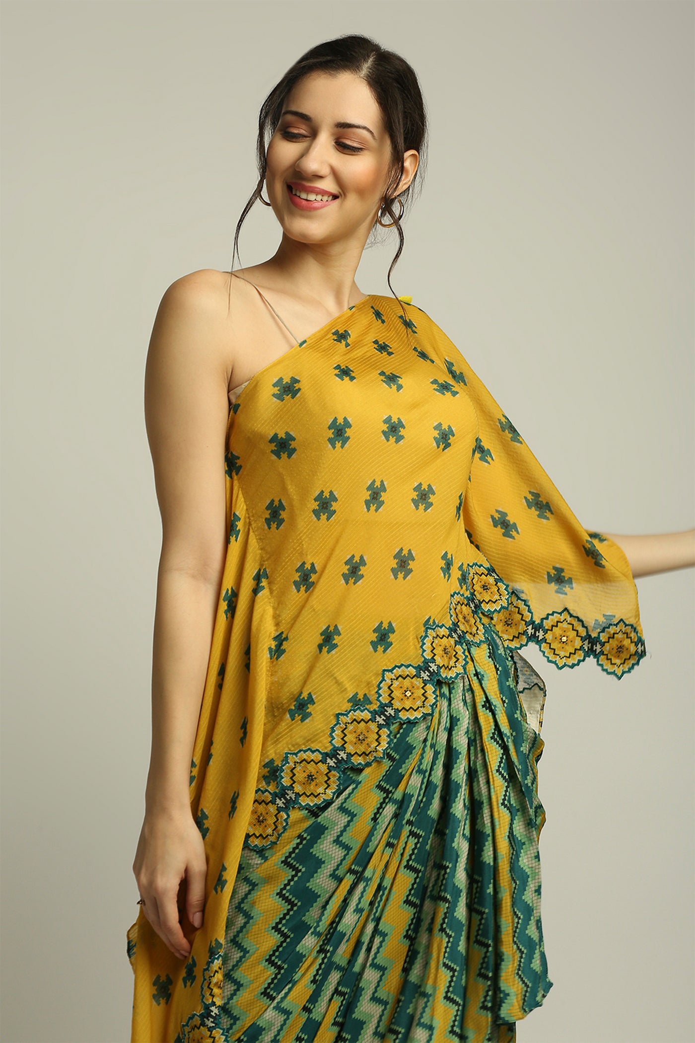 sougat paul Tiraz Printed One Shoulder Top With Drape Skirt yellow green fusion indian designer wear online shopping melange singapore