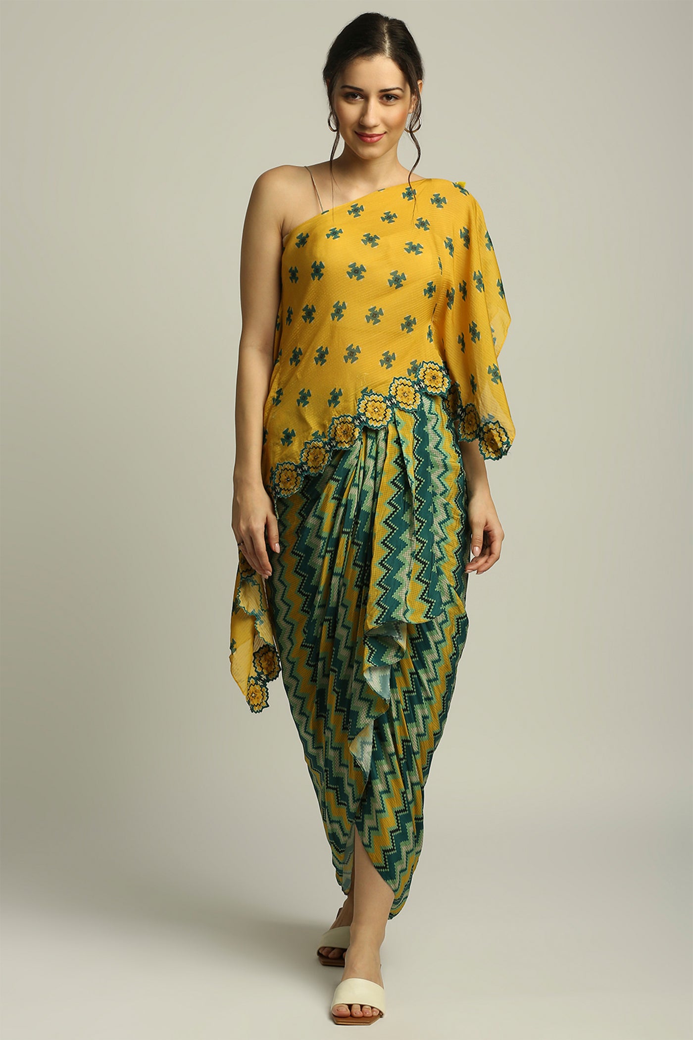 sougat paul Tiraz Printed One Shoulder Top With Drape Skirt yellow green fusion indian designer wear online shopping melange singapore