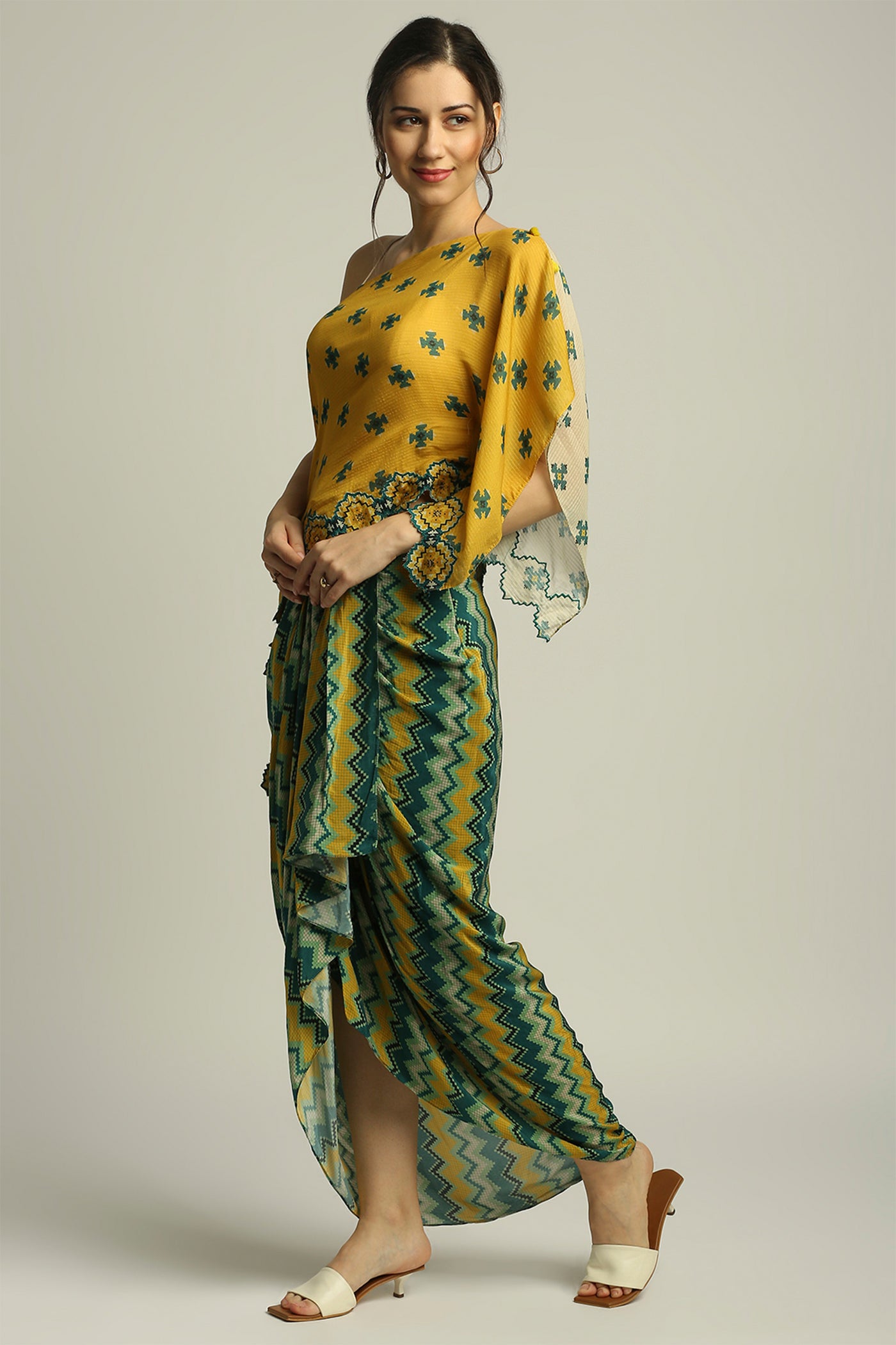 sougat paul Tiraz Printed One Shoulder Top With Drape Skirt yellow green fusion indian designer wear online shopping melange singapore