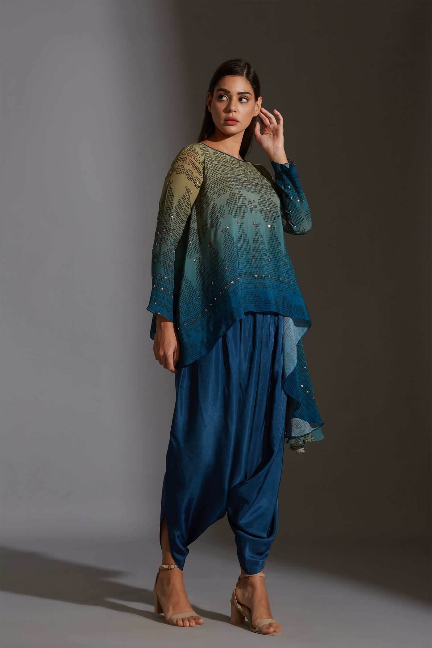 sougat paul Asymmetrical printed top with dhoti pants green blue fusion online shopping melange singapore indian designer wear
