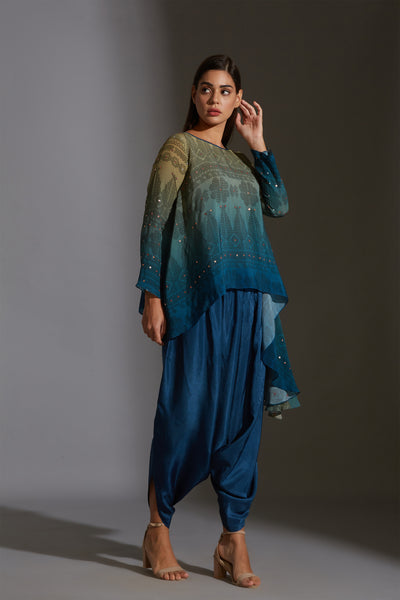 sougat paul Asymmetrical printed top with dhoti pants green blue fusion online shopping melange singapore indian designer wear
