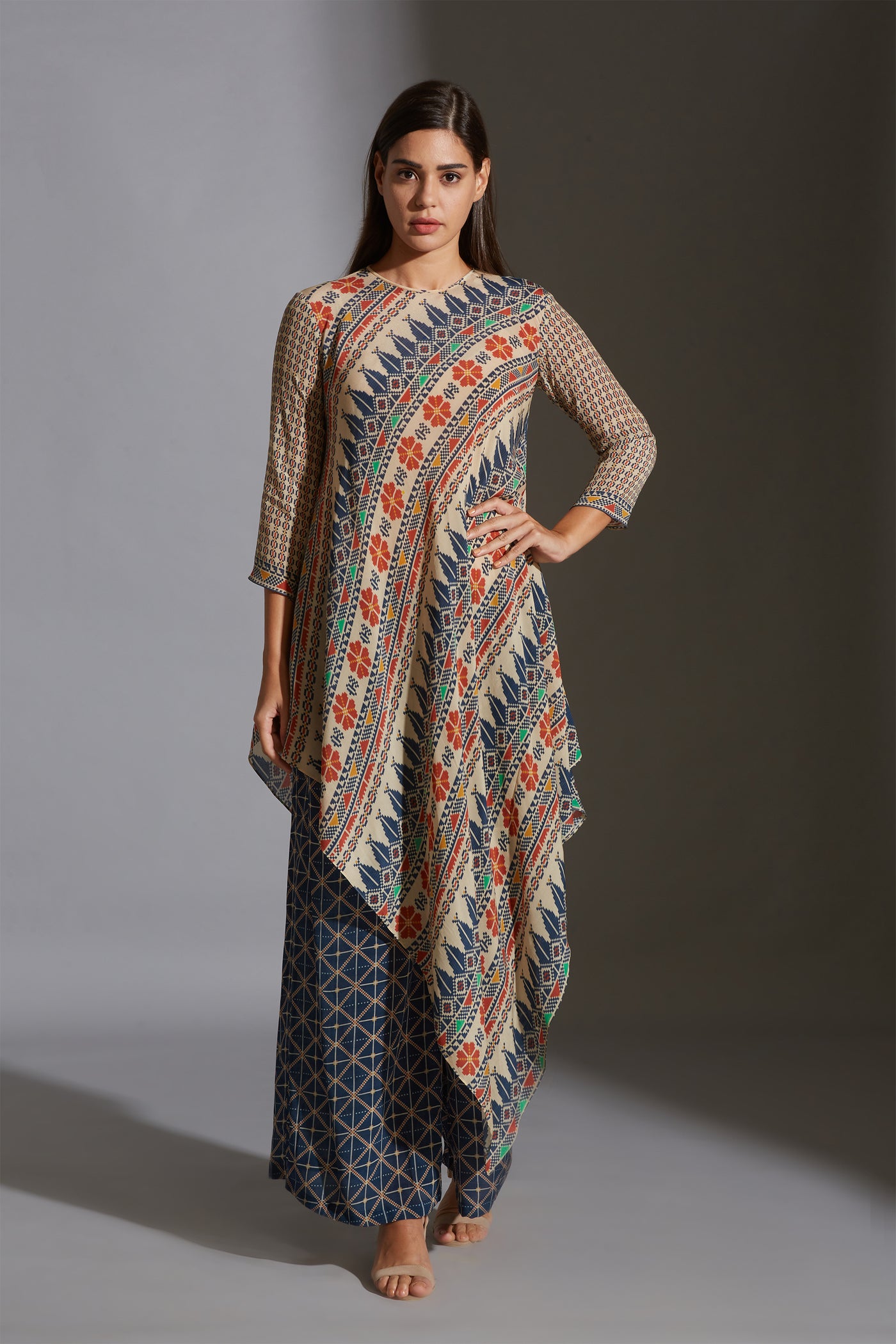 sougat paul Asymmetrical printed top with printed pants multicolor festive fusion indian designer wear online shopping melange singapore