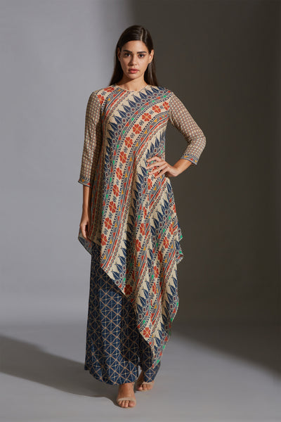 sougat paul Asymmetrical printed top with printed pants multicolor festive fusion indian designer wear online shopping melange singapore
