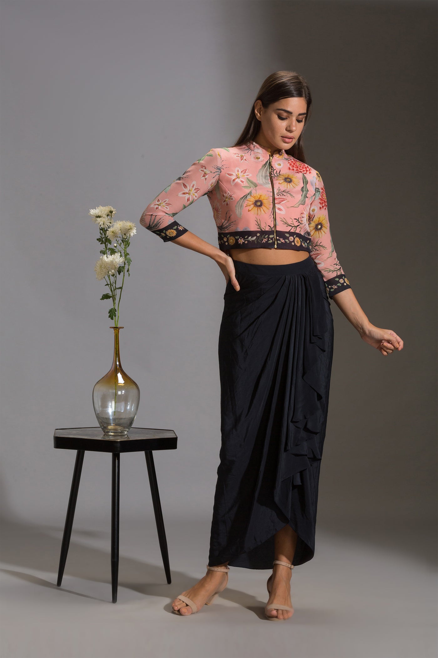 sougat paul Bomber Jacket And Drape Skirt Set green pink fusion indian designer wear online shopping melange singapore