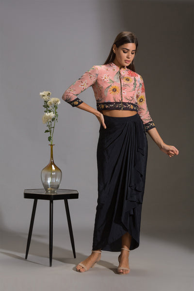 sougat paul Bomber Jacket And Drape Skirt Set green pink fusion indian designer wear online shopping melange singapore