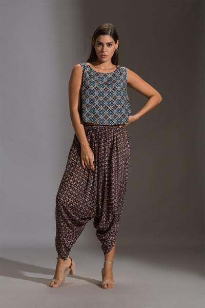 sougat paul fusion Crop top paired with dhoti pants and cape blue online shopping melange singapore indian designer wear
