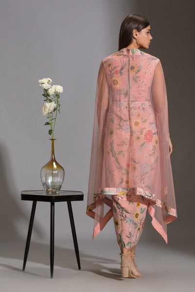 sougat paul Drape dress with side cut paired with net cape pink festive fusion online shopping melange singapore indian designer wear