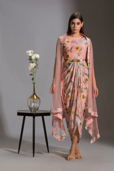 sougat paul Drape dress with side cut paired with net cape pink festive fusion online shopping melange singapore indian designer wear