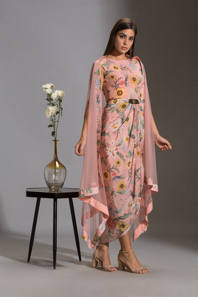 sougat paul Drape dress with side cut paired with net cape pink festive fusion online shopping melange singapore indian designer wear