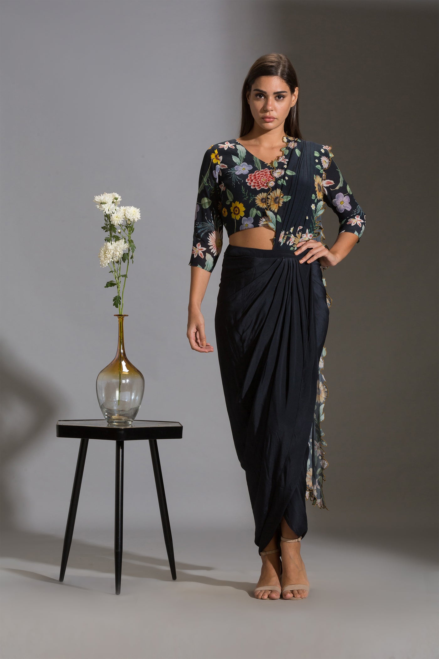 sougat paul Drape saree with cutwork embroidery paired with v neck blouse black festive fusion online shopping melange singapore indian designer wear