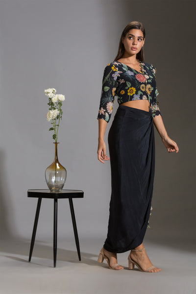sougat paul Drape saree with cutwork embroidery paired with v neck blouse black festive fusion online shopping melange singapore indian designer wear