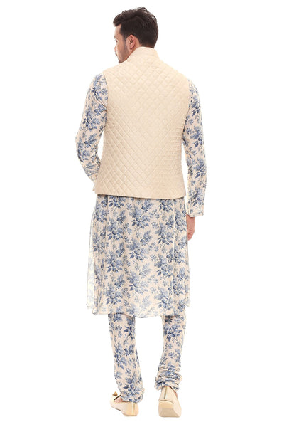 Sougat Paul menswear Printed Kurta And Churidar Paired With Quilted Sleeveless Jacket blue beige festive indian designer wear online shopping melange singapore