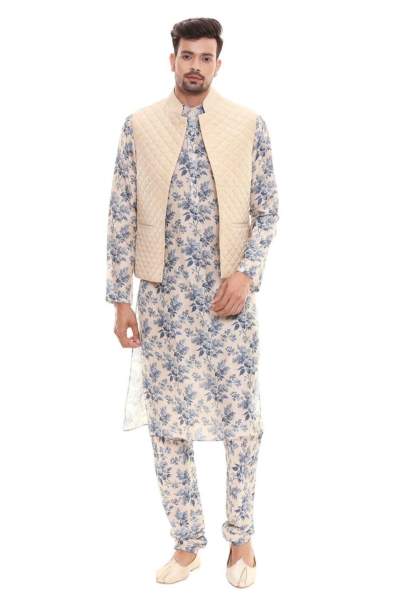 Sougat Paul menswear Printed Kurta And Churidar Paired With Quilted Sleeveless Jacket blue beige festive indian designer wear online shopping melange singapore