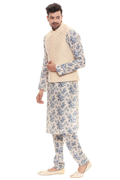 Sougat Paul menswear Printed Kurta And Churidar Paired With Quilted Sleeveless Jacket blue beige festive indian designer wear online shopping melange singapore