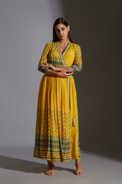 sougat paul Overlap printed dress with gathers yellow online shopping melange singapore indian designer wear
