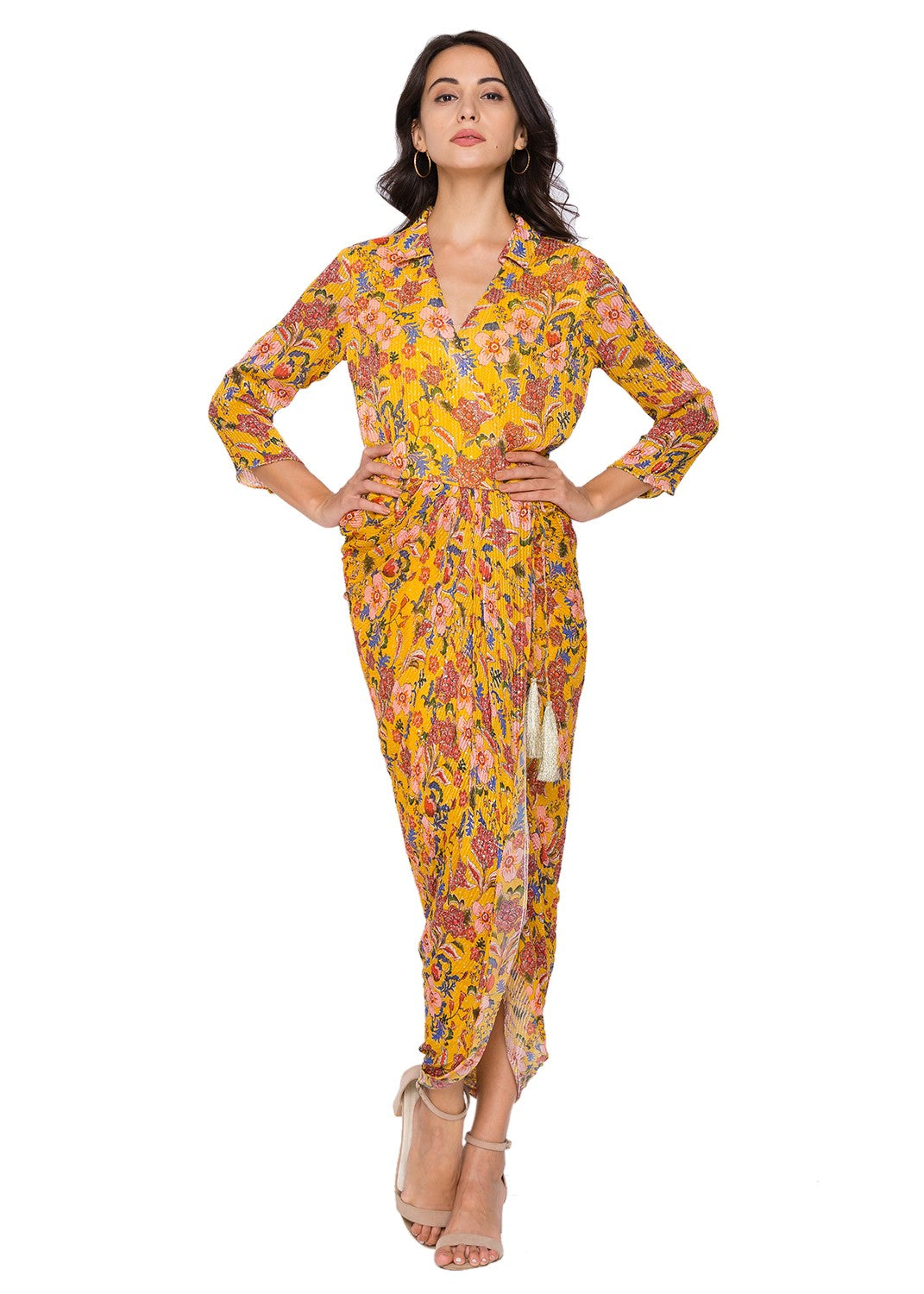 sougat paul Overlap Sequence Printed Drape Dress yellow fusion western online shopping melange singapore indian designer wear