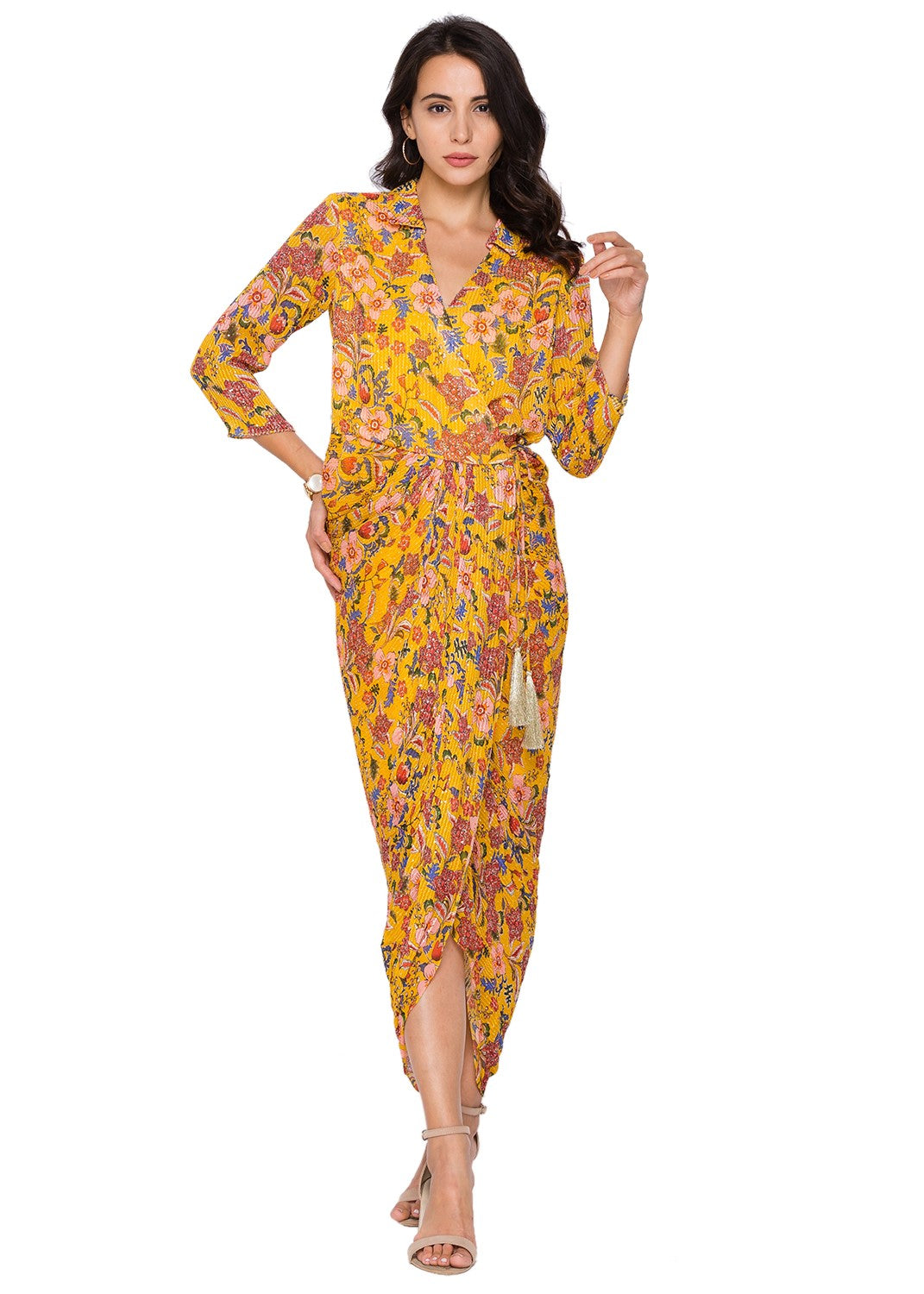 sougat paul Overlap Sequence Printed Drape Dress yellow fusion western online shopping melange singapore indian designer wear