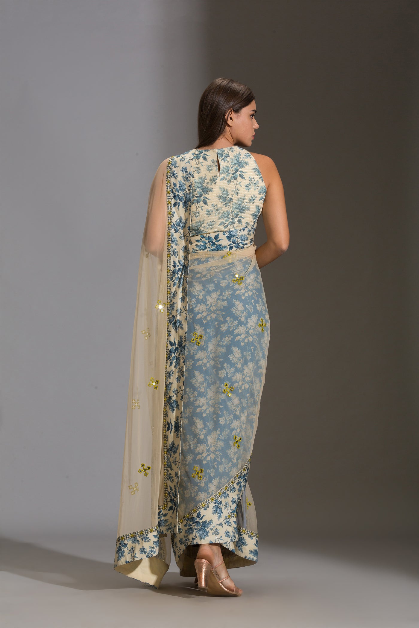 sougat paul Pre stitched pre draped net saree with incut sleeveless blouse blue festive fusion online shopping melange singapore indian designer wear